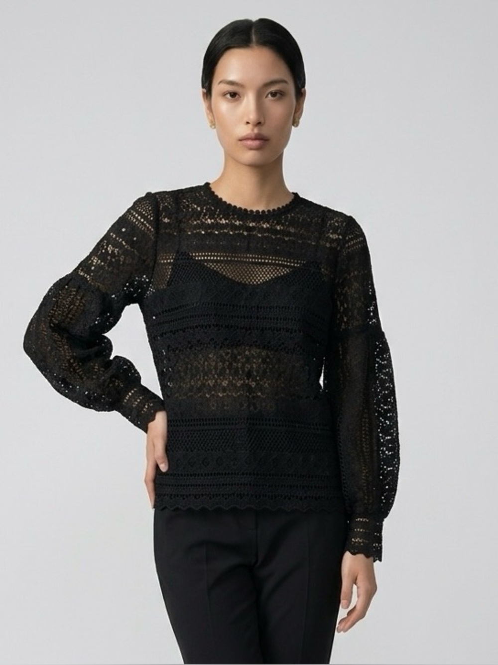 Zara Black Crochet Lace Long Sleeve Blouse Sheer Balloon Sleeve Top 2 Whimsigoth